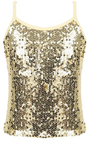 Doomiva Flickor paljetter linne ärmlös väst axelbandstopp barn glitter sommar t-shirts dans balett topp fest karneval topp, Guld, 146-152