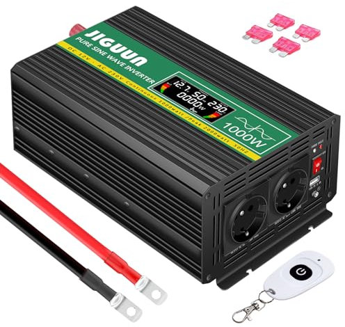 JIGUUN 1000W Convertisseur 12V 220V Pur Sinus Onduleur transformateur Puissance crête 2000W avec Télécommande Écran LCD 2 Prises EU 1 Port USB pour Voiture Camping Voyage Urgence