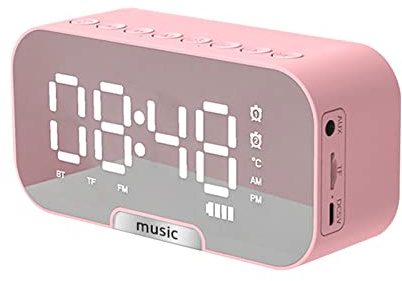 Kavolet Réveil numérique avec miroir,Horloge avec haut-parleur BT et radio FM et affichage de la température Double alarme Support pour lecteur 3 niveaux de luminosité Support pour téléphone