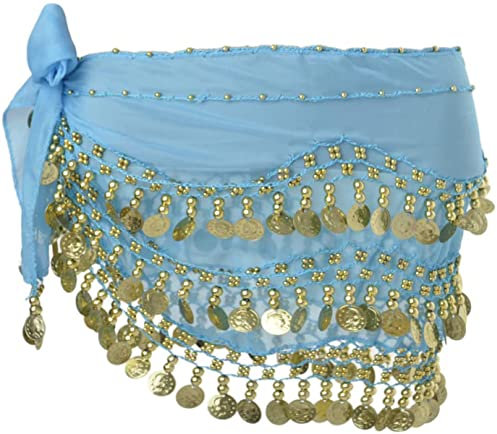 SamHeng Damen Bauchtanz Gürtel, Chiffon Hüfttuch mit Münzen für Bauchtanz, Yoga Kurs und mehr - Einheitsgröße, Blau