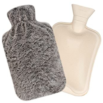 Wärmflasche mit Weichem Kunstfellbezug, 2 Liter Naturkautschuk, BPA-frei, Langlebige Wärmeflasche für Kalte und Warme Therapie, Schmerzlinderungs-Heizkissen (Grau)