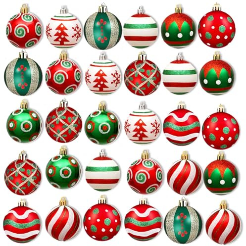 Weihnachtskugeln Weihnachtsbaumschmuck Deko Set,30 Stück Rot Kunststoff Weihnachtsbaumkugeln Box mit Aufhänger Weihnachtsbaum Bälle Dekorationen für Weihnachten (Rot Grün)