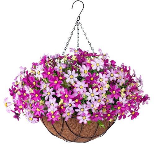 INXUGAO Fiori artificiali da appendere, con cesto, decorazione per casa, cortile, crisantemo in seta artificiale, 30,5 cm, fodera in noce di cocco, decorazione per esterni e interni (viola)