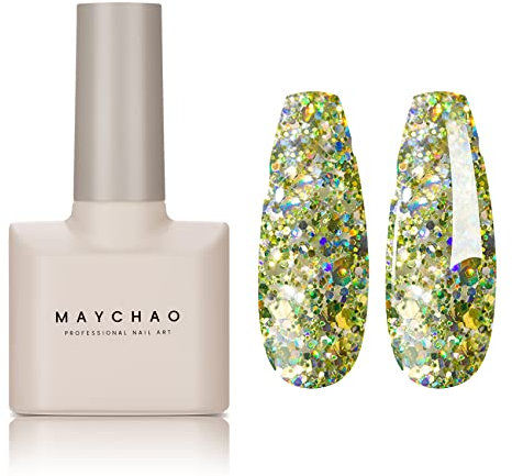 MAYCHAO Glitter Gel Nail Polish, 15ML Green Glitte Gel Nail Polish, Soak Off UV LED Nail Varish Nail Art Starter Manicure Salon DIY at Home, 0.5 OZ
