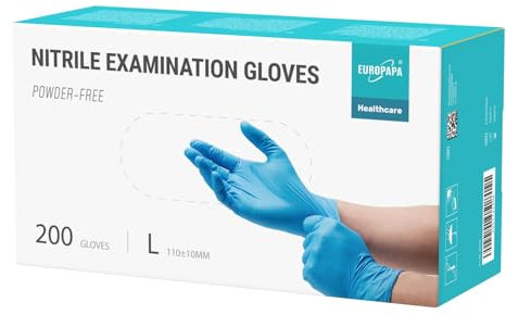 EUROPAPA® 200x Einweghandschuhe Nitrilhandschuhe puderfrei Untersuchungshandschuhe EN455 EN374 latexfrei Einmalhandschuhe Handschuhe in Gr. S, M, L & XL verfügbar (L, Blau)