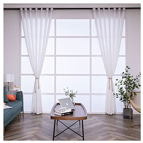 Banemi Vorhang Weiß Transparent Vintage, Gardinen Kurz 2er Set Polyester Einfarbig Dekorative Vorhänge für Wohnzimmer 132x214cm