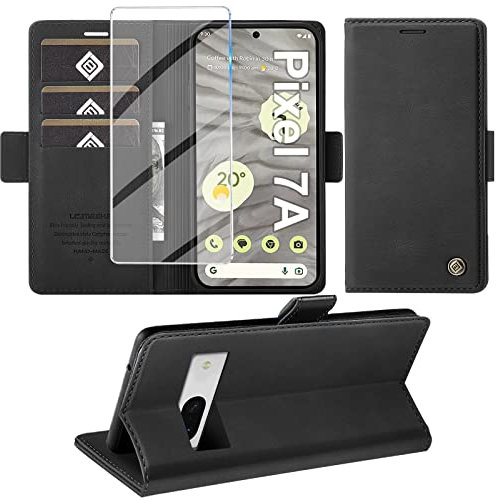 Giyer für Google Pixel 7A Hülle mit Displayschutzfolie, Handyhülle Premium Leder Wallet Klapphülle Standfunktion Kartenfach Schutzhülle Lederhülle Flip Case Cover (Schwarz)