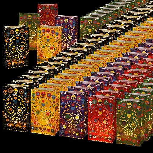 Ireer 30 Pieces Halloween Day of The Dead Luminary Bags - Dia De Los Muertos Candy Bag - Flame Resistant Candle Bag - Sugar Skull Gift Goodie for Mexican Fiesta Halloween Party Favors Supplies