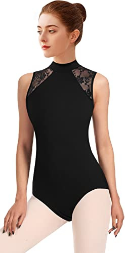 DANSHOW Justaucorps de Ballet en Dentelle pour Femme pour Col Montant de Danse, Justaucorps de Gymnastique pour Adulte(XJ7030-06-XL)