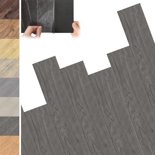 YRHome PVC Bodenbelag 5m² Dunkelgrau, Selbstklebende Vinyl Fliesen mit Klicksystem, Holz-Effekt Vinylboden für Fußbodenheizung geeignet, Abmessungen 91,44cm x 15,24cm x 2mm, Inhalt 36 Fliesen