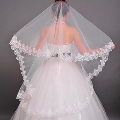 HIFFEY Vintage Weiß Elfenbein Kurzer Tüll Hochzeit Brautschleier Kathedralenlänge Eine Schicht Spitze mit Applikation(Ivory)