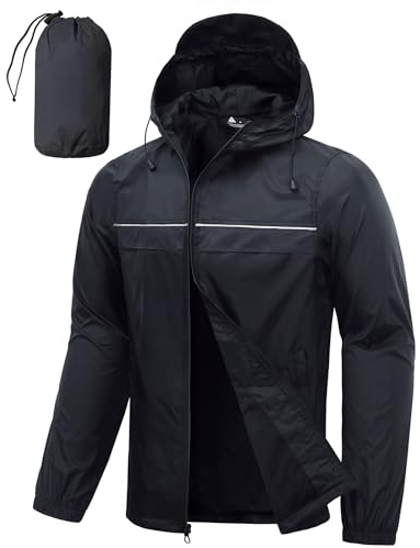 SWISSWELL Mens Rain Jacket & Coats Packable Lightweight Waterproof Windbreaker Hooded for Golf Cycling Hiking Black L