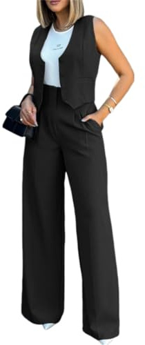 shownicer Tailleur Donna Eleganti Pantaloni e Gilet Curvy Completo Blazer a Senza Maniche 2 Pezzi Tuta Elastici in Vita Set di Abiti in Tinta Unita Pantalone Giacche Due Pezzi Suit A Nero XXL