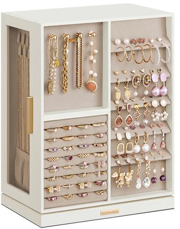 SONGMICS Schmuckkästchen 360° drehbar, Schmuckkasten 7 Schubladen, Glasfenster, geräumig, vertikale Schmuckaufbewahrung, offenes Design, Geschenkidee, weihnachten, wolkenweiß JBC201W01