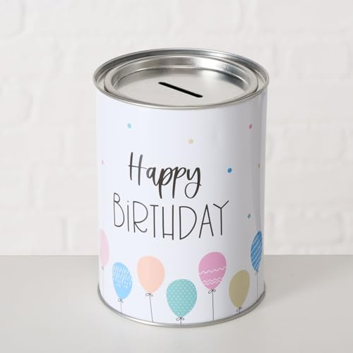 ReWu Spardose Sparschwein mit Schriftzug Happy Birthday und Ballons - Deckel Abnehmbar - Wiederverwendbar Metall Sparbüchse Geldgeschenk Geschenkidee Geldspardose Metallspardose 14 x 10 cm - Weiß