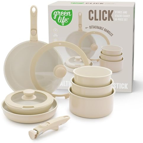 GreenLife Juego de 10 ollas y sartenes antiadherentes, mango extraíble y juego de utensilios de cocina apilables, no tóxicos, sin PFAS, sartenes de cocina de inducción, ahorro de espacio, cuencos para