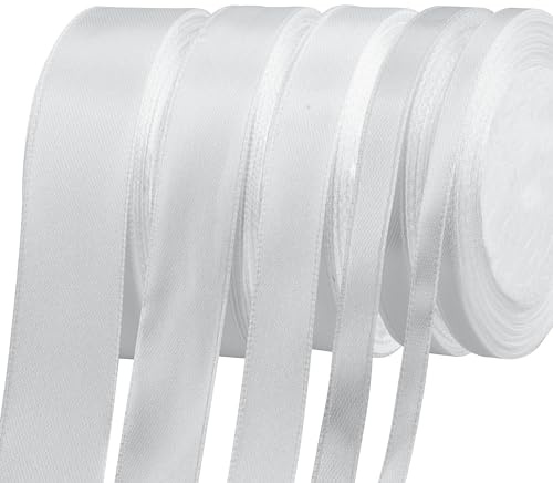 Fyshird Satinband Weiß 25/20/15/10/6mm Geschenkband Breit Schleifenband Hochzeit Polyester Bänder zum Basteln Dekoband für Geburtstag DIY Geschenkverpackung Weihnachten (22m/Rolle)