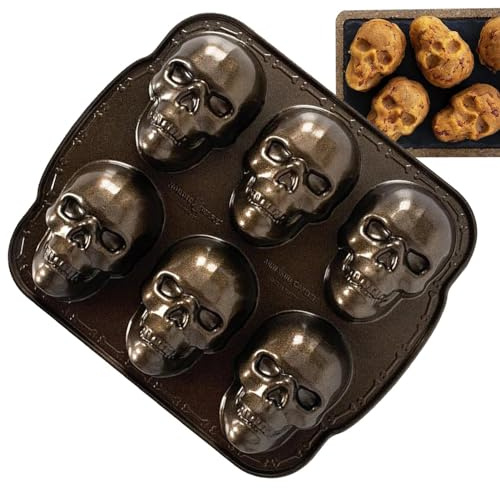 Lueear Totenkopf-Backform, Aluminium-Totenkopf-Pfanne, -Skelett, Halloween-Metall-Backbleche, Spuk-Totenkopf-Schokoladenformen, 6 Mulden, Halloween-Totenkopf-Kuchenform für Zuhause, Küche