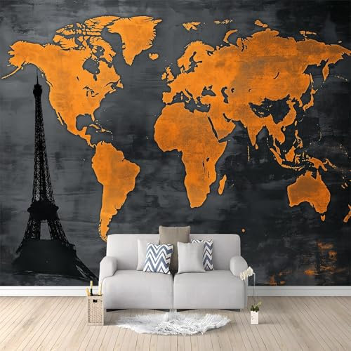 Papier Peint de Photo Carte Du Monde Tour De Paris 350x256 cm Papier Peint Panoramique Papier Peint intissé Murale Pour Chambre De Fille, Garçon, Chambre De Bébé Salon Chambre Décor