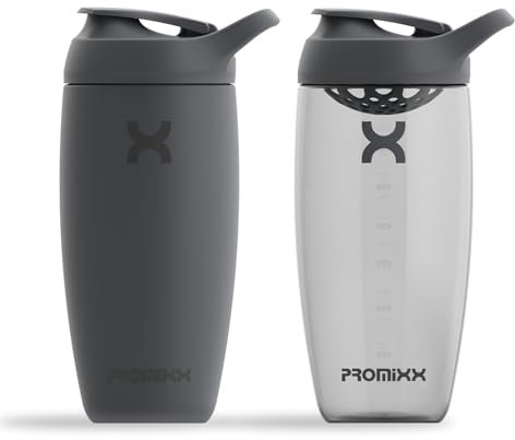 Promixx PURSUIT Protein Shaker Flasche 2er Pack – Premium Sports Shaker Flaschen für Proteinmischungen und Supplement Shakes – Graphitgrau, Edelstahl 550ml, Ecozen 700ml