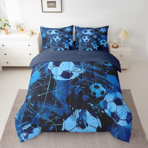 Feelyou Football Comforter Set 7 Pieces Queen Size Chic Sports Theme Bed in A Bag for Kids Teens Soccer Ball Pattern Bedding Set Competitive Games Bed Set with Sheets Blue Room Decor