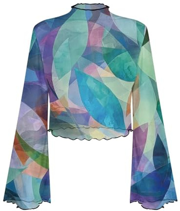 BYCHECAR Art Crystal Leaves Bell Sleeve Tops for Women Flare Sleeve Blouses Lettuce Trim Mock Neck Crop Tops Sheer Summer Shirt Plus Size