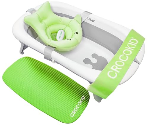 CROCOKID® Großes Faltbares Baby-Badewannenset + 4 Unverzichtbare Zubehörteile – Tragbare XXL-Badewanne 0–5 Jahre | Kompakt, Reisetauglich & Robust mit Verstärkter Doppelschale – Grün