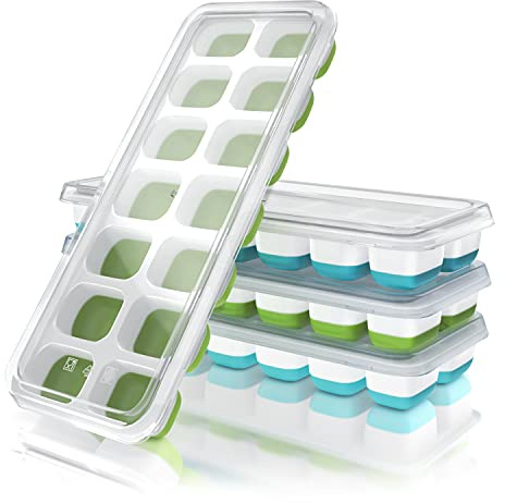 Arendo - 4X Silicone Ice Cube Trays with Lid, 14 x 4 Ice Cubes Moulds, Ice Cube Maker Ice Tray for Freezer Easy to Remove Ice Cube, BPA-Free, Dishwasher Safe, for Cocktails Whisky Wine Fruit Purées