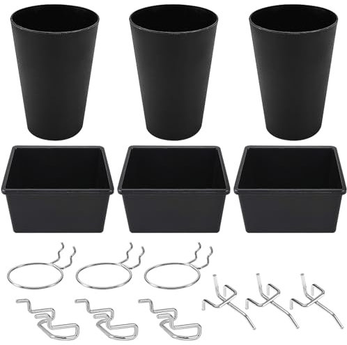 Set Ganci per Pannello Forato, Organizzazione Murale Multifunzionale, Salvaspazio Pegboard, con 6 Bicchieri di Plastica e 9 Ganci, per Garage, Stanze, Banchi da Lavoro, Uffici Ecc (nero argento)