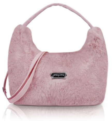 FuninCrea Plüsch Damen-umhängetaschen Trendy Handtasche Damen mit Reißverschluss, Umhängetasche Klein Vielseitig Handtaschen Damen Crossbody Bag mit Abnehmbarem Schulterriemen für den Reisen (Rosa)