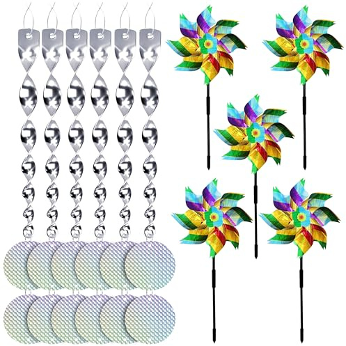 Dercylele Taubenabwehr Vogelabwehr Set, 5 Windräder + 6 Reflektierende Windspiralen + 12 Reflektierende Runde Reflektoren, Taubenabwehr Balkon Vogelschreck Windrad Garten (Farbkombination)
