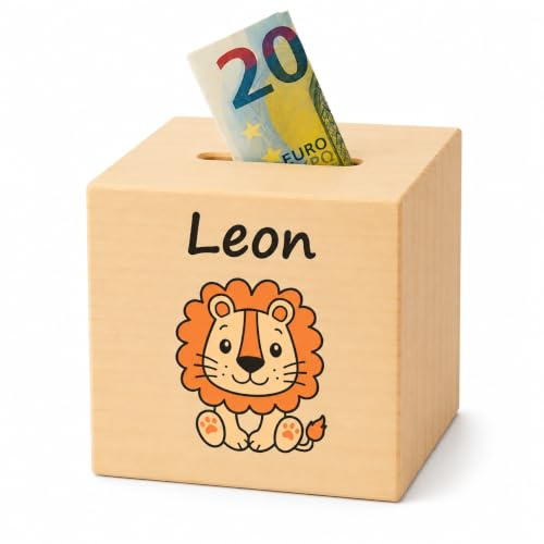 DEschenk Spardose personalisiert aus Holz – Spardose Kinder personalisiert, Sparschwein Baby als Geschenkidee, perfekte Kinderzimmer Dekoration für Jungen und Mädchen (Löwe)