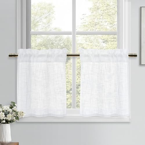 DWCN Weiß Scheibengardinen Leinenoptik Vorhänge Halbtransparent Gardinen Kurz 2 Stück H45xB90cm Modern Fenstervorhänge für Küchengardinen Wohnwagen Schrankvorhang Wohnzimmer Bistrogardine Landhaus