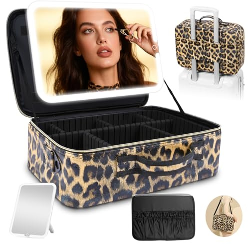 38 X 30cm Large Makeup Bag with Removable Lighted Mirror, Professional Travel Make up Bag with Mirror and Light Cosmetic Train Case Organizer, PU Leather with Adjustable Dividers & Brush Storage Board