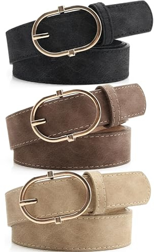 Hoocl 3 Stück Damen Leder Gürtel, Ledergürtel Taillengürtel mit Goldschnalle, Schmaler 2.8cm Damengürtel Leder für Jeans Hosen Kleider (Schwarz/Braun)