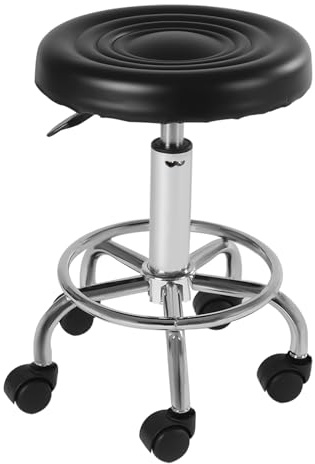 Rollhocker höhenverstellbar Schwarz/Silber 40-50cm | Drehhocker mit 5 Rollen & 180kg Traglast | PU-Polster Arbeitshocker 360° drehbar, SGS-Gasfeder für Friseursalon, Büro, Homeoffice (Ø33cm Sitz)