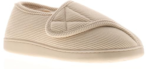 Dr Keller Wide Fit Women's Slippers - Slip-On Diabetic Slippers Women Boasting Warmth & Comfort with Touch Close Fastening, Fur Lining & Cushioned Insole Beige 8 UK