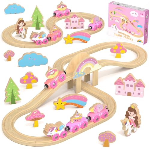 Hot Bee Wooden Train Set, Toddler Girls Toys for 3 4 5 6 Year Old, Unicorn Toys Train Track Gifts for Kids Age 3-6 （38 PCS）