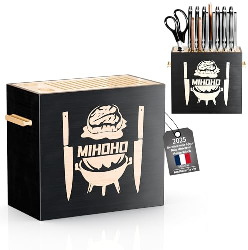 Bloc Couteaux de Cuisine en bois, support à couteaux en bois, rangement unique pour couteaux de comptoir avec base antidérapante (noir B)