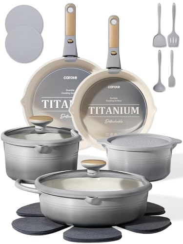CAROTE 20pcs Titanium Cookware Set, Pots and Pans Set Detachable Handle