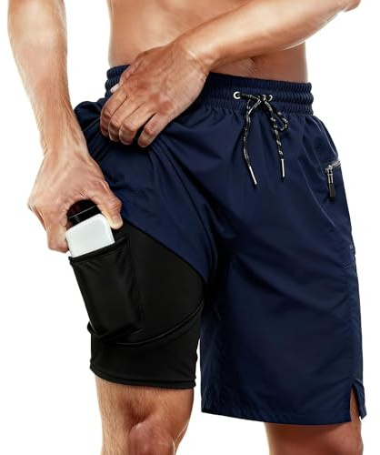 Rave on Friday Badehose Herren mit Kompression Liner 2 in 1 Atmungsaktiv Badeshorts Sommer Schnell Trocknende Kurze Schwimmhose mit Reißverschluss Taschen für Strand & Pool Schwarz+blau M