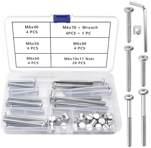 VooGenzek 40 Piezas M6 x 40/50/60/70/80 mm Kit de Hardware Tornillo Tuercas de Cama, Hex Socket Head Cap Perno de Cuna, con Llave Allen, para Muebles Camas Sillas, Plata