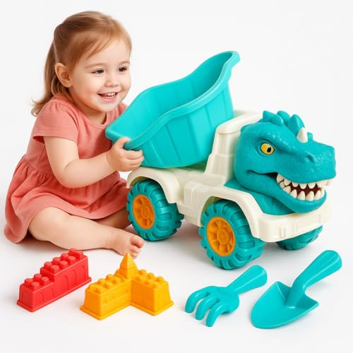 Dinosaur Beach and Sand Toys Set, Creative Sand Play Set, Dino Dump Truck Set with Sand Moulds, Tools, Vehicles - Fun for Beach, Snow, Sandbox, or Indoor Play Activity Toy Gift for Kids Aged 3+ Years
