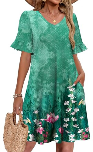 Zeagoo Summer Dress for Women A Line Short Dresses V Neck Ruffle Sleeve Dress Casual Floral Holiday Dresses with Pockets S-XXL