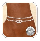 Nelytiya Fussketten Für Frauen Silber 925 Doppelte Herz Gold Fußkettchen Für Damen Verstellbares Zierlich Fußkette Wasserfest Strand Fußschmuck