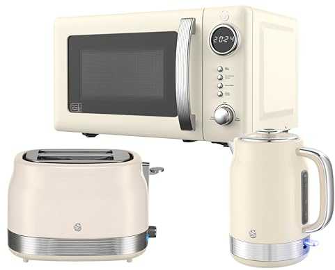 Swan Retro Revive Cream Kitchen Appliance Bundle – 1.7L Rapid Boil Kettle, 2 Slice Toaster & 800W 20L Digital Microwave, Retro Gloss Finish with Chrome Accents