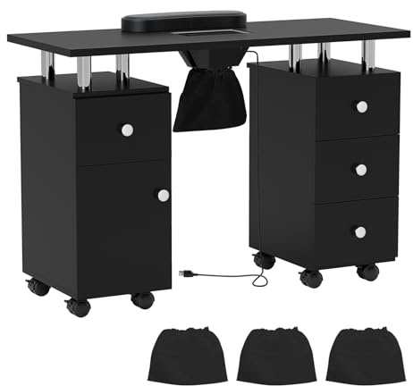 DREAMADE Manikürtisch, Nageltisch mit Staubabsaugung & 3 Staubbeuteln, Nagelstudio Tisch mit Handauflage, Schubladen, Schrank, Maniküre Tisch auf Rollen für Zuhause, Studio, Schönheitssalon (Schwarz)