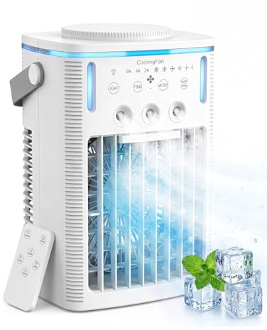 Mobile Klimaanlage, 4-in-1 Mini Klimagerät mit 1000ml Wassertank, 3-in-1 Nebel & 3 Windstufen, Touch & Fernbedienung, 2/4/8h Timer, 7 Farben Nachtlicht, Typ-C, Ideal für Zuhause, Büro, Camping, Auto