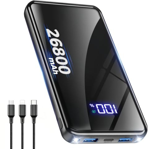 Power Bank, 26800mAh Schnellladen USB-C, 30% Größere Kapazität, Schwarz | mit 3-in-1 Kabel Dual-LED Taschenlampe, Reise-Essential Externer HandyAkkus für iPhone 17/16/15, Samsung S26/S25/S22, Xiaomi