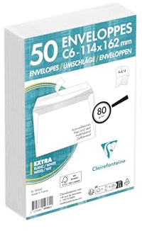 Clairefontaine, 5936C, Pack de 50 sobres autoadhesivos blancos con fondo gris, 11,4x16,2 cm, 80gr, Blanco